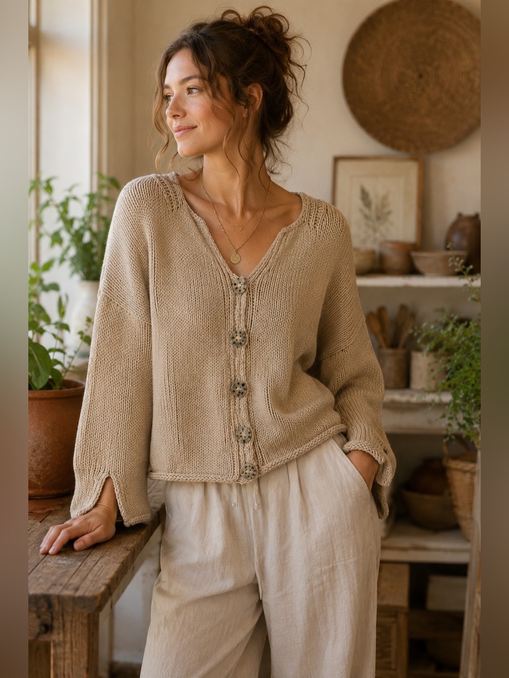 Pure Handknit 100% Cotton Chunky Cardigan S/M Ceramic Button Cottagecore Coastal